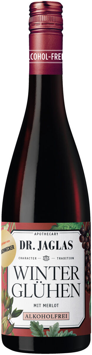Eine dunkelrote Glasflasche Winterglühen Merlot alkoholfrei von Dr. Jaglas steht aufrecht vor weißem Hintergrund. Das Etikett ist festlich gestaltet mit Weintrauben, Blättern und goldenen Auszeichnungen, typisch für ein Winter- und Festtagsgetränk. Die Flasche wirkt hochwertig und elegant.