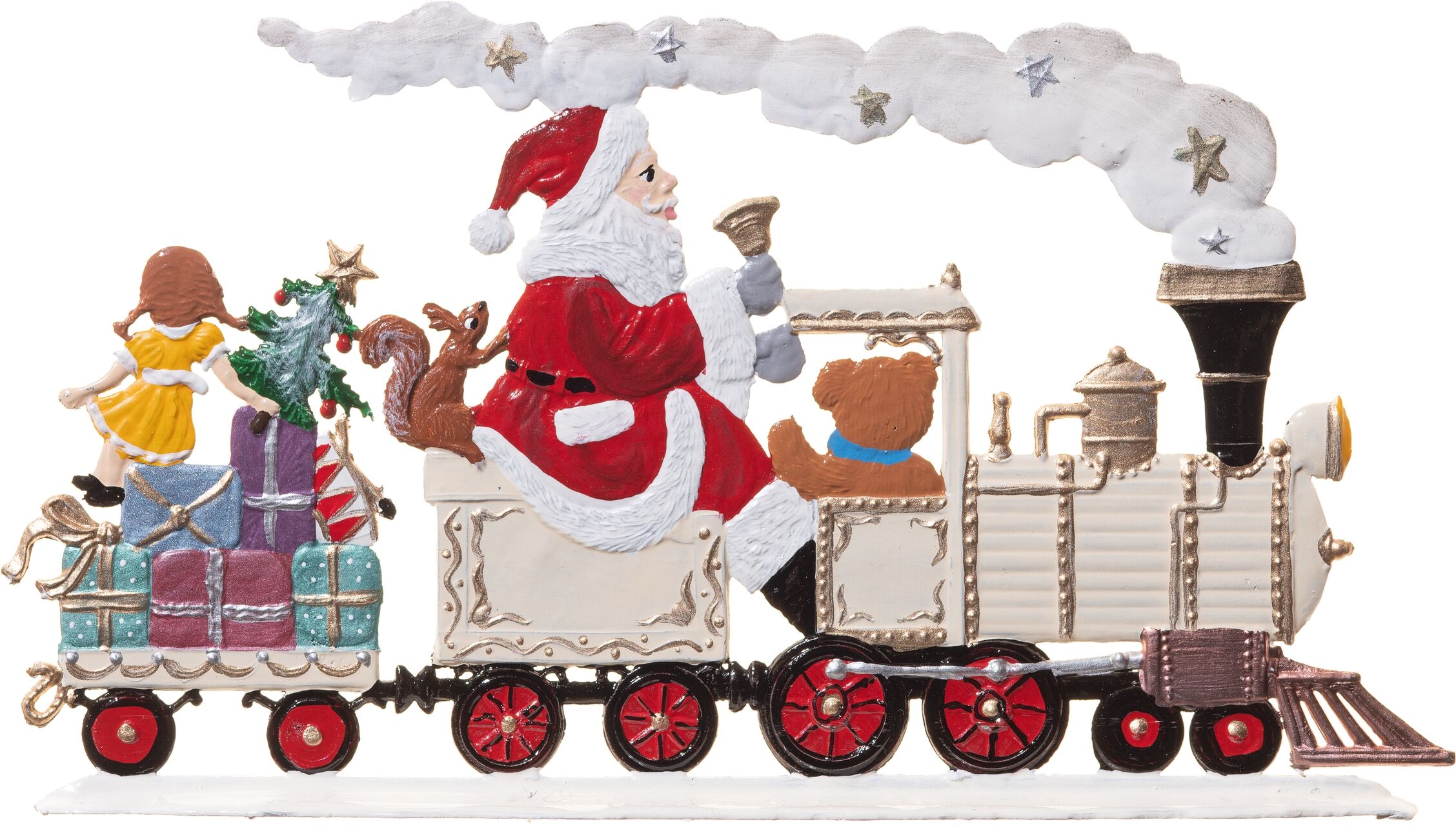 Zinnfigur in Form eines festlich dekorierten Weihnachtszuges mit Weihnachtsmann als Lokführer, Geschenkkisten, geschmücktem Tannenbaum und weiteren Figuren; detailreich und bunt bemalt, als Weihnachtsdekoration oder Sammelobjekt geeignet.