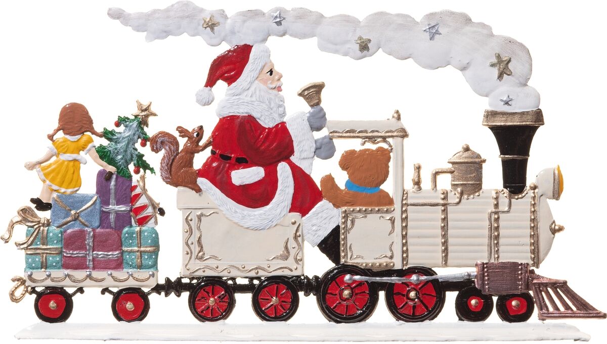 Zinnfigur in Form eines festlich dekorierten Weihnachtszuges mit Weihnachtsmann als Lokführer, Geschenkkisten, geschmücktem Tannenbaum und weiteren Figuren; detailreich und bunt bemalt, als Weihnachtsdekoration oder Sammelobjekt geeignet.