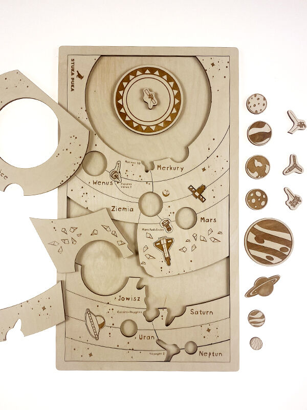 Das Bild zeigt ein Holzpuzzle namens 'Kosmos'. Das Puzzle stellt das Sonnensystem mit verschiedenen Planeten wie Merkur, Venus, Erde, Mars, Jupiter, Saturn, Uranus und Neptun dar. Die Puzzleteile und Planeten sind auf einer hellen, beigen Holzplatte angeordnet und in Brauntönen dargestellt.