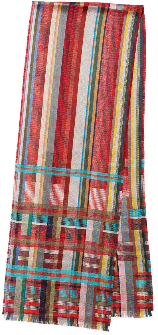 Ein bunter Seide-Leinen Schal mit vertikalen und horizontalen Streifen in den Farben Rot, Gelb, Blau, Grün, Beige und Braun. Der Schal hat gefranste Enden und ein modernes, stilvolles Design.