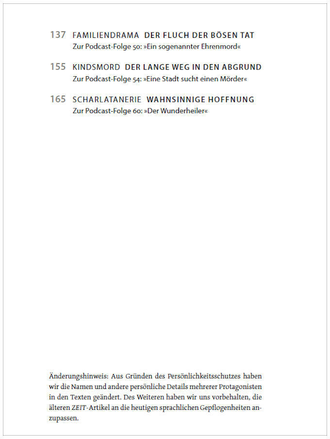 ZEIT VERBRECHEN 2 - Taschenbuchrückseite. Enthält eine Liste von Kapiteln mit Titeln und Episodennummern sowie einen kurzen Text über Änderungen. Text ist schwarz auf weißem Hintergrund.