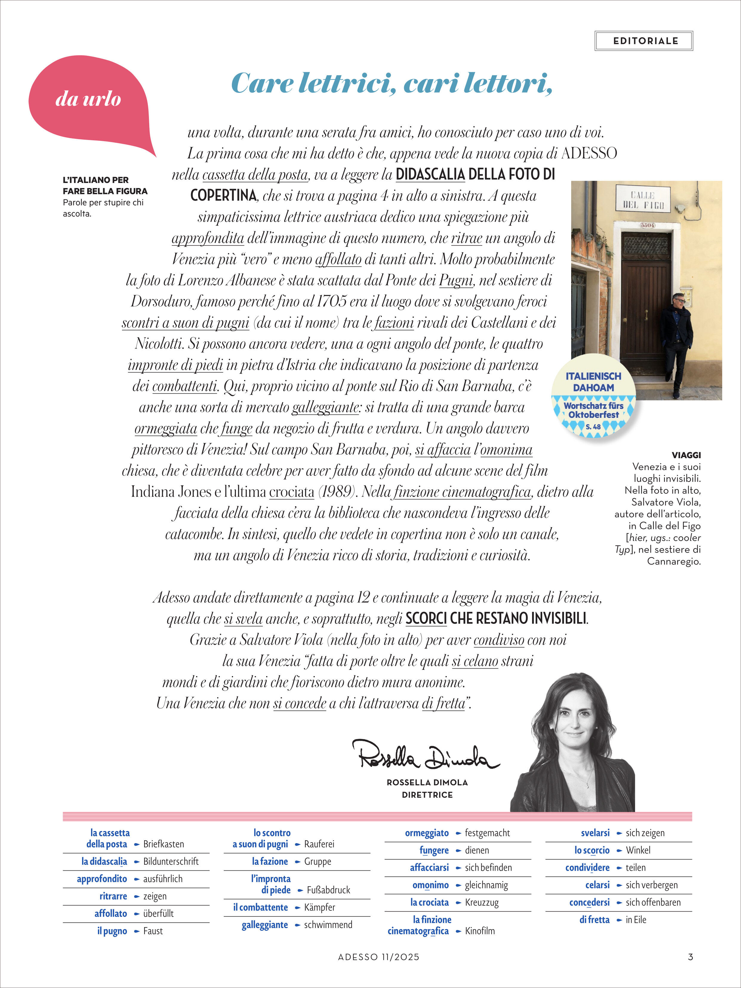 Titelseite der Ausgabe 11/2025 des Magazins 'Adesso'. Die Seite enthält einen italienischsprachigen Editorial-Text, ein Porträtfoto einer Frau, einen farbigen Kasten mit inhaltlichen Schwerpunkten, sowie Überschriften und Textelemente in Blau, Rot und Schwarz auf weißem Hintergrund. Das Magazin richtet sich an italienisch Lernende und kulturell Interessierte.