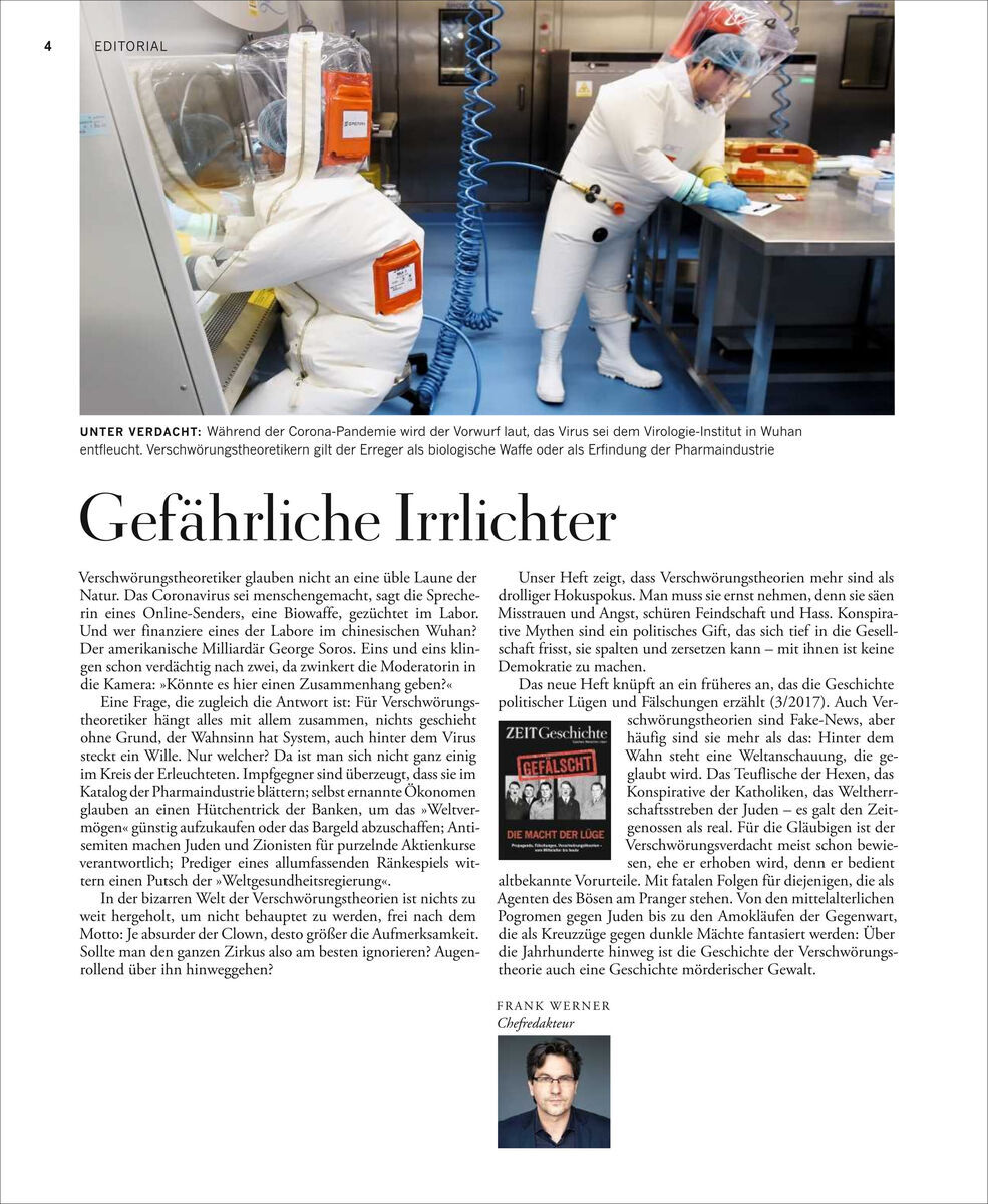 Eine Seite aus einem Magazin mit dem Titel 'Vorsicht, Verschwörung!'. Oben sind Wissenschaftler in Schutzanzügen in einem Labor abgebildet. Der Text behandelt Verschwörungstheorien während der COVID-19-Pandemie. Eine kleinere Abbildung unten zeigt das Magazincover mit weiteren Details. Unten rechts ist ein Porträtfoto einer Person mit einem kurzen Absatz darunter.