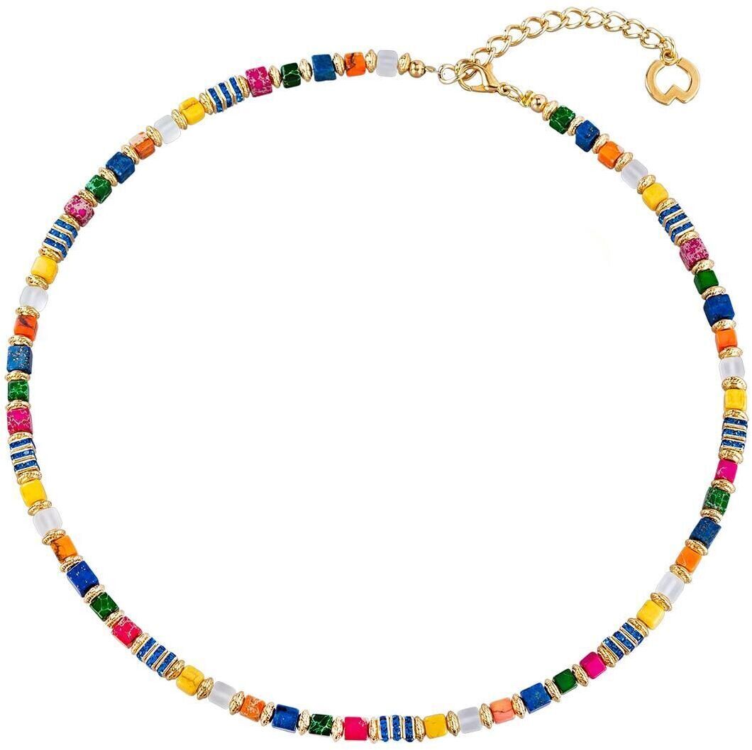 Buntes Collier aus Lapislazuli, Jaspis, Bergkristall, Swarovski und 24-karat-vergoldeten Messingelementen. Die Perlen in kräftigen Farben sind filigran aneinander gereiht, mit goldenem Verschluss und Kettchenverlängerung. Inspiriert von Franz Marcs 'Vögel I'.