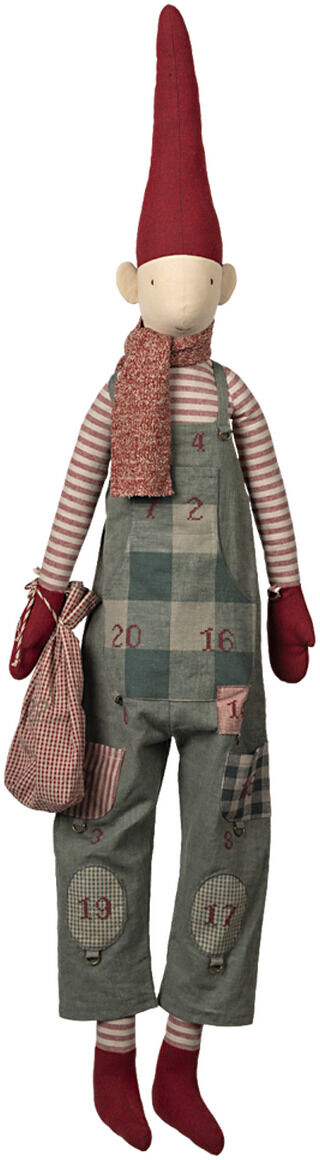 Ein Adventskalender in Form einer Puppe namens »Pixy Junge«. Die Puppe trägt eine rot-weiß gestreifte Mütze, einen roten Schal, eine rot-weiß gestreifte Oberbekleidung und grün-karierte Overalls mit aufgenähten Nummern, die die Tage bis Weihnachten zählen.