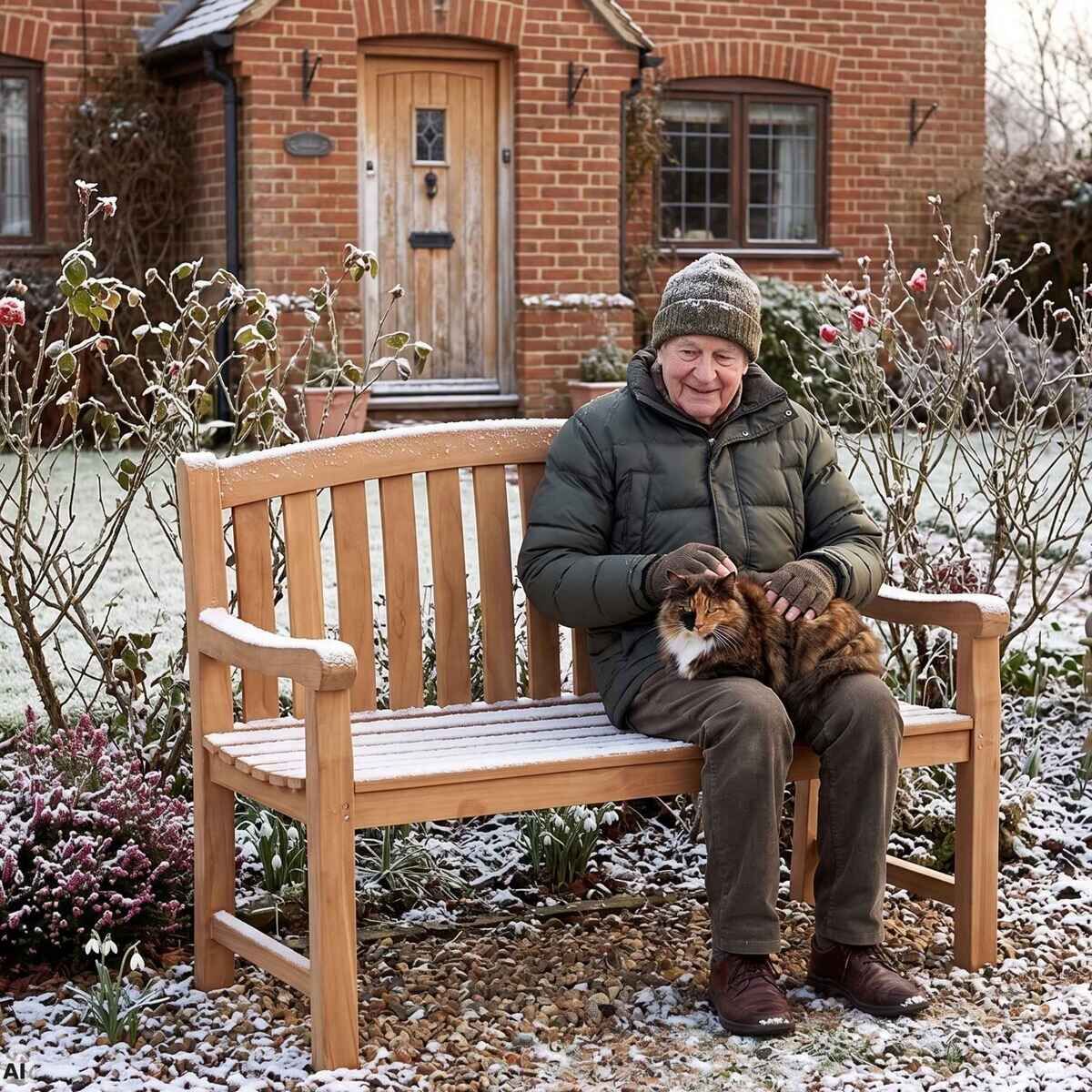 Ein älterer Mann sitzt in einer verschneiten Einfahrt auf der Gartenbank »Swindon« von bene living vor einem Backsteinhaus und streichelt eine Katze. Die Bank steht im winterlichen Garten mit gefrorenen Rosen und Kiesweg. Die Szene wirkt ruhig und gemütlich.