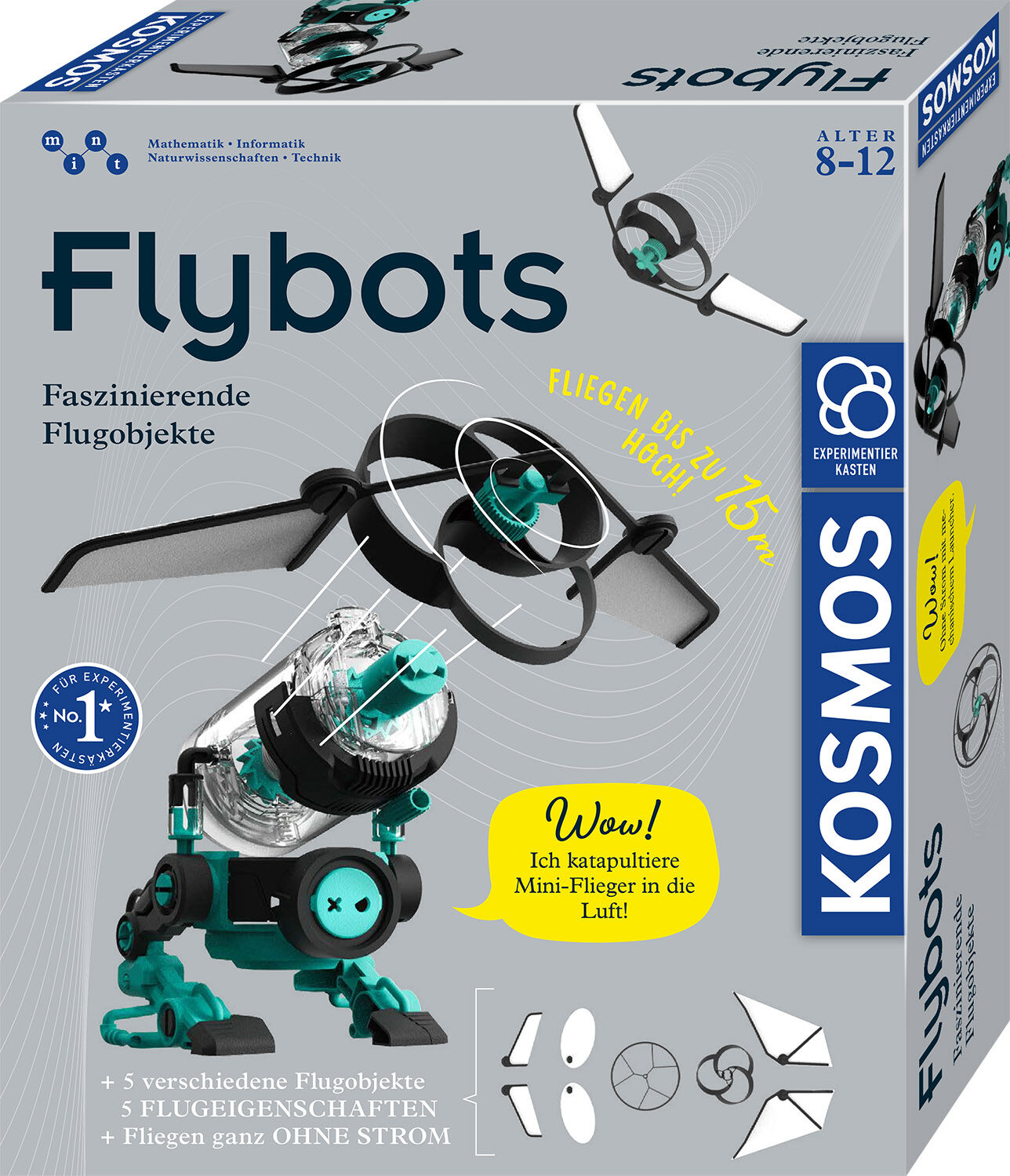 Flybots Bausatz von Kosmos, geeignet für Kinder im Alter von 8 bis 12 Jahren, mit verschiedenen Flugobjekten zum selber bauen. Die Verpackung zeigt ein Modell in Grün, Blau und Schwarz. Geeignet für Bildungs- und Spielzwecke.