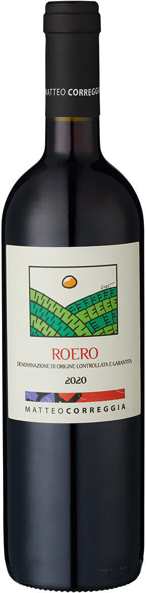 Eine Flasche Rotwein der ZEIT-Weinedition »Piemont« des Jahrgangs 2020 von Matteo Correggia. Das Etikett zeigt eine farbenfrohe Darstellung der piemontesischen Landschaft.