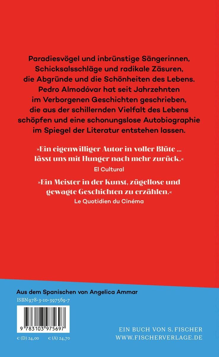 Die Rückseite des Buchcovers 'Der letzte Traum' von Almodóvar P., veröffentlicht vom S. Fischer Verlag, zeigt Text in weißer und schwarzer Schrift auf rotem Hintergrund. Enthält Zitate von El Cultural und Le Quotidien du Cinéma sowie Verlagsinformationen und ISBN-Nummer.