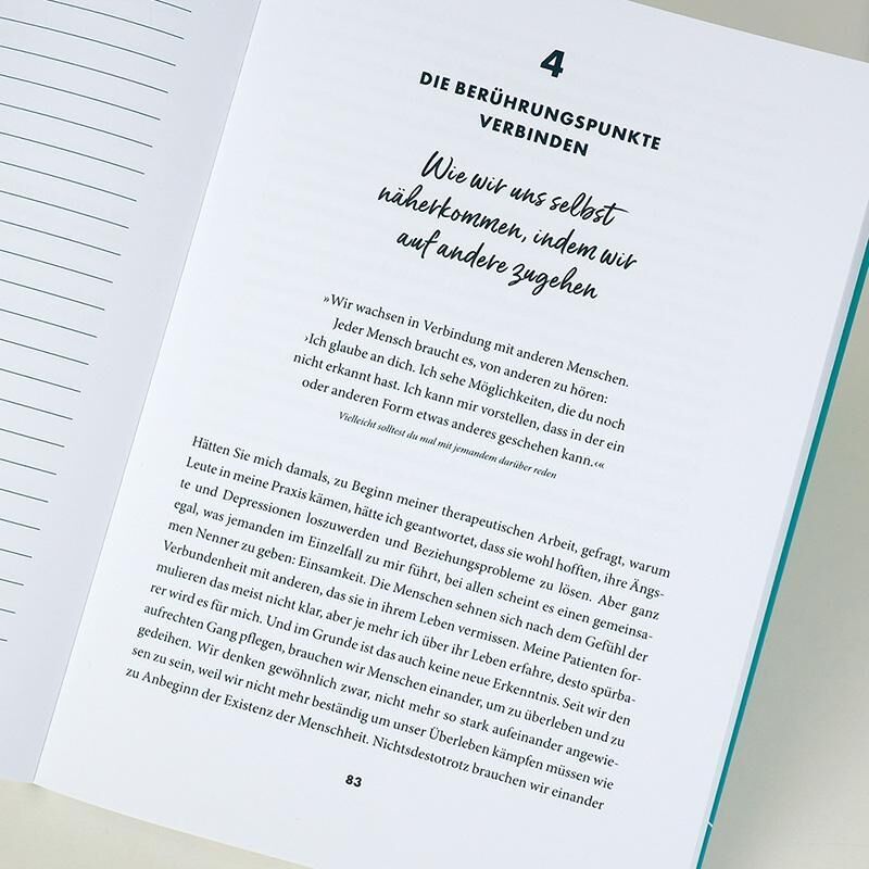 Ein Arbeitsbuch mit dem Titel 'Vielleicht solltest Du mal mit jemanden darüber reden' von Gottlieb L. Das Buch enthält Textabschnitte, die sich auf Selbsthilfe und psychologische Beratung konzentrieren. Das Layout ist klar und modern mit schwarzen und türkisen Akzenten auf weißem Hintergrund.
