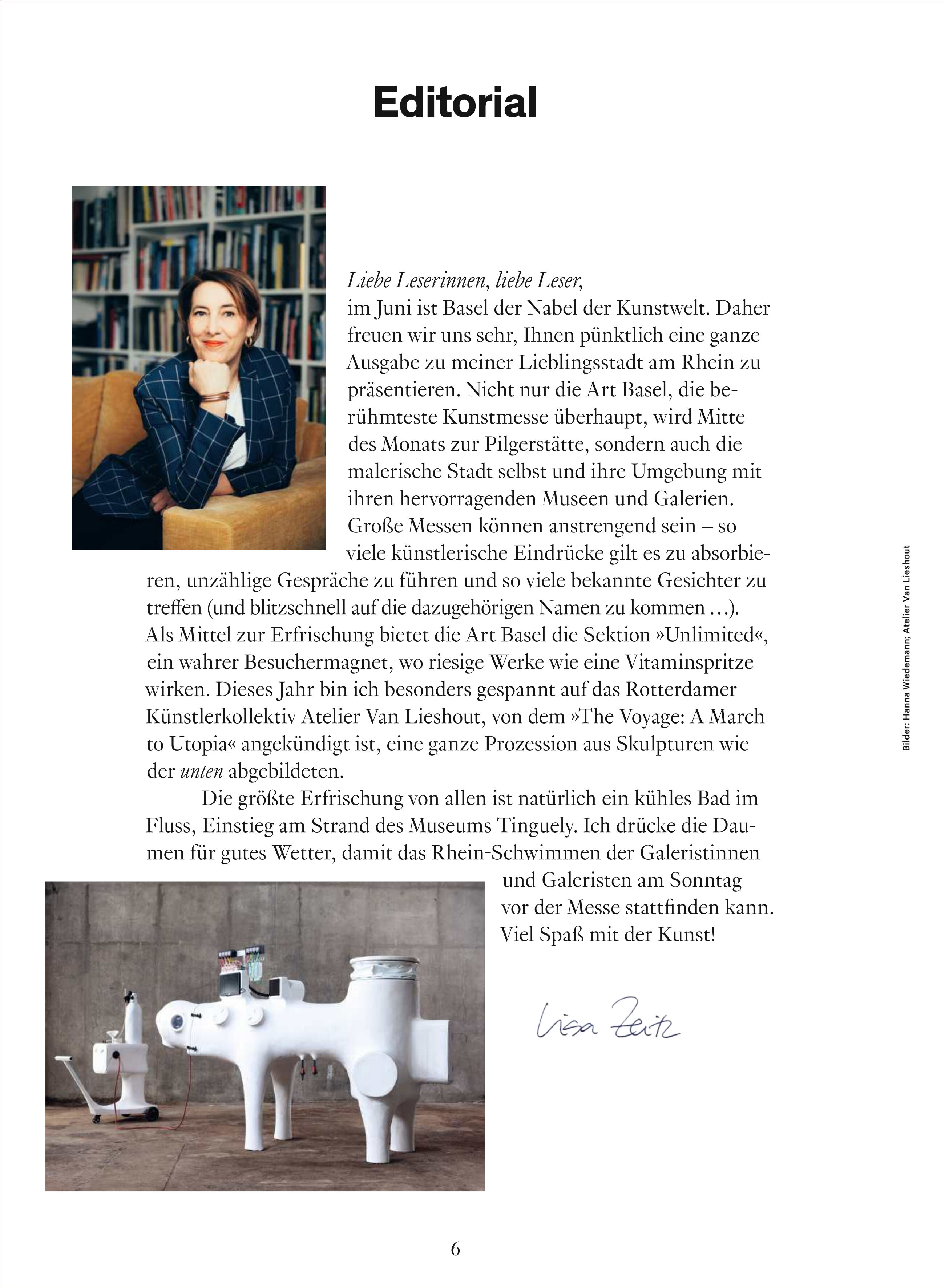 Editorialseite der Zeitschrift WELTKUNST 242/25 Sonderheft Basel mit Text über die Kunstszene in Basel, einem Foto einer Frau und einem Bild von avantgardistischen Skulpturen.