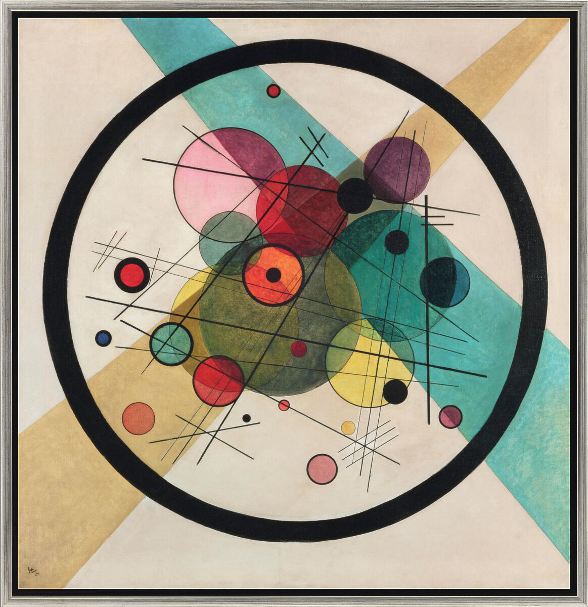 Abstraktes Gemälde von Wassily Kandinsky aus dem Jahr 1923 mit dem Titel »Kreise in einem Kreis«. Das Bild zeigt eine Vielzahl bunter, überlappender Kreise und Linien in Farben wie Grün, Pink, Rot und Schwarz, die von einem großen schwarzen Kreis umgeben sind.