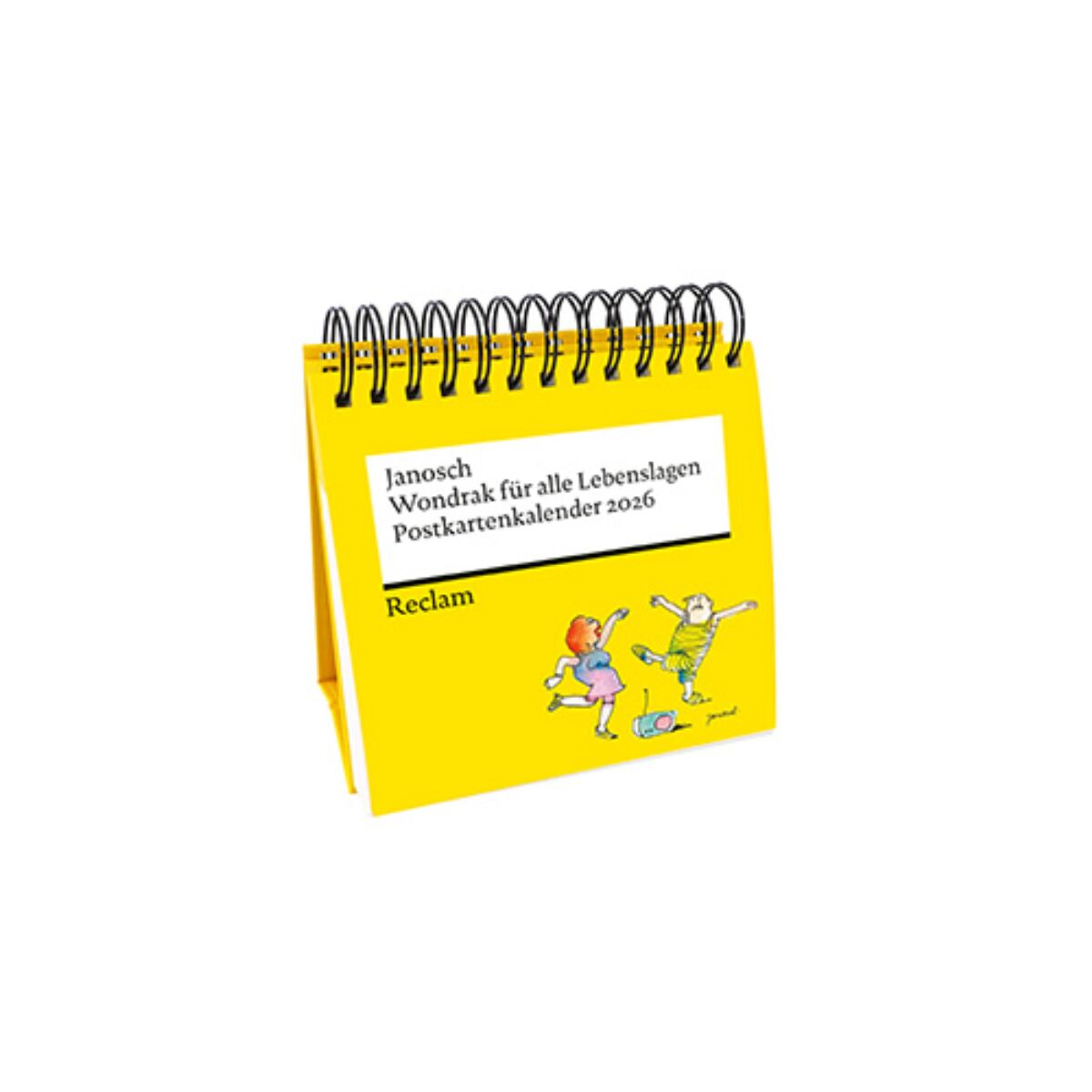 Ein Postkartenkalender für das Jahr 2026 mit dem Titel »Wondrak für alle Lebenslagen« von Reclam. Das Cover ist leuchtend gelb mit humorvollen Illustrationen.
