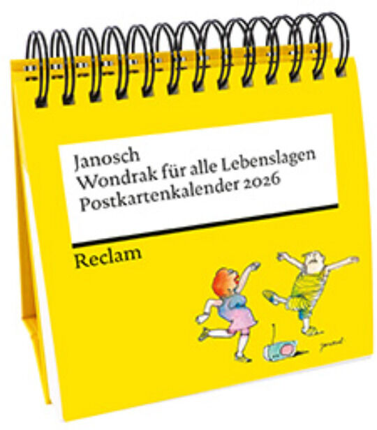 Ein Postkartenkalender für das Jahr 2026 mit dem Titel »Wondrak für alle Lebenslagen« von Reclam. Das Cover ist leuchtend gelb mit humorvollen Illustrationen.
