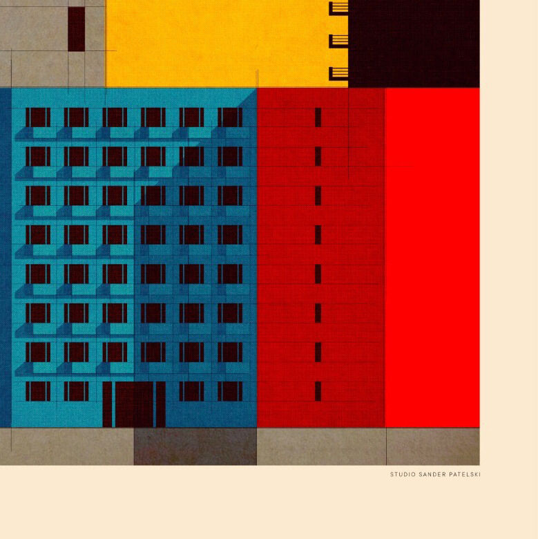 Ein Poster mit dem Titel »Bauhaus« von Sander Patelski, das geometrische und farbenfrohe Formen in einem Rahmen zeigt. Die dominierenden Farben sind Gelb, Rot, Blau, Schwarz und Grau.