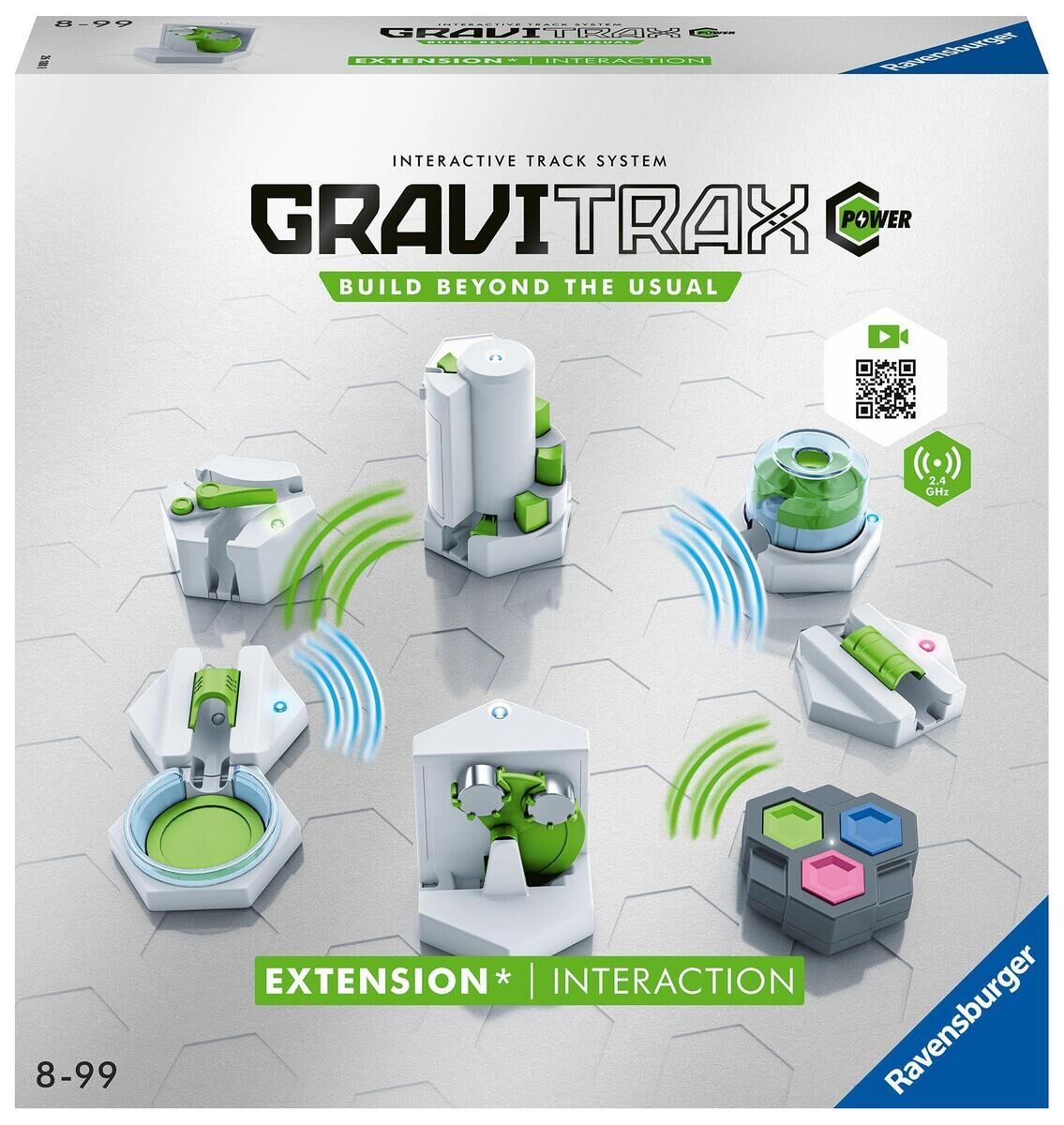 Verpackung des GraviTrax Power Erweiterung Interaction Sets von Ravensburger, zeigt verschiedene interaktive Module und Erweiterungen für die Kugelbahn.