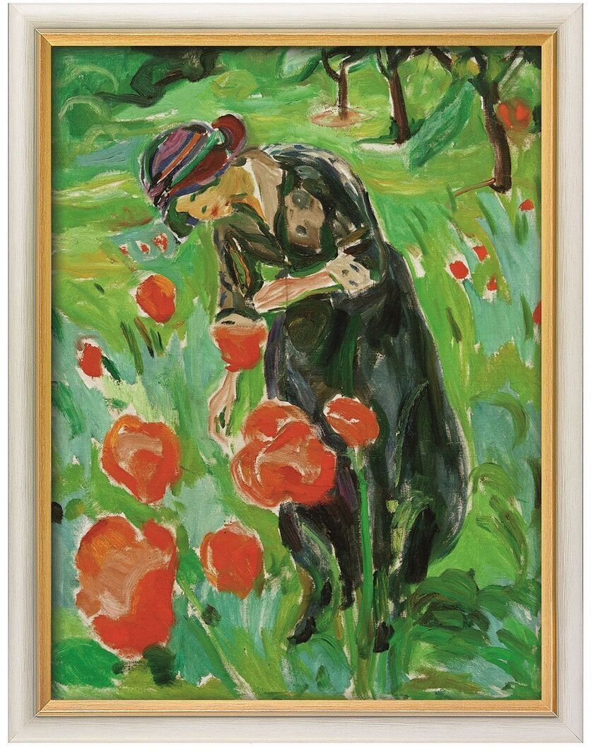 Ein Gemälde von Edvard Munch aus den Jahren 1918/19, das eine Frau in dunkler Kleidung zeigt, die sich in einem grünen Garten mit blühenden roten Mohnblumen befindet. Die Frau trägt ein Kopftuch und einen langen Rock.