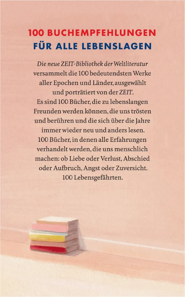 100 Bücher, 100 Lebensgefährten - Paperback. Ein Stapel farbiger Bücher vor einem abstrakten Hintergrund mit einem Beschreibungstext über Bibliothek der Weltliteratur und Lebensratgeber.