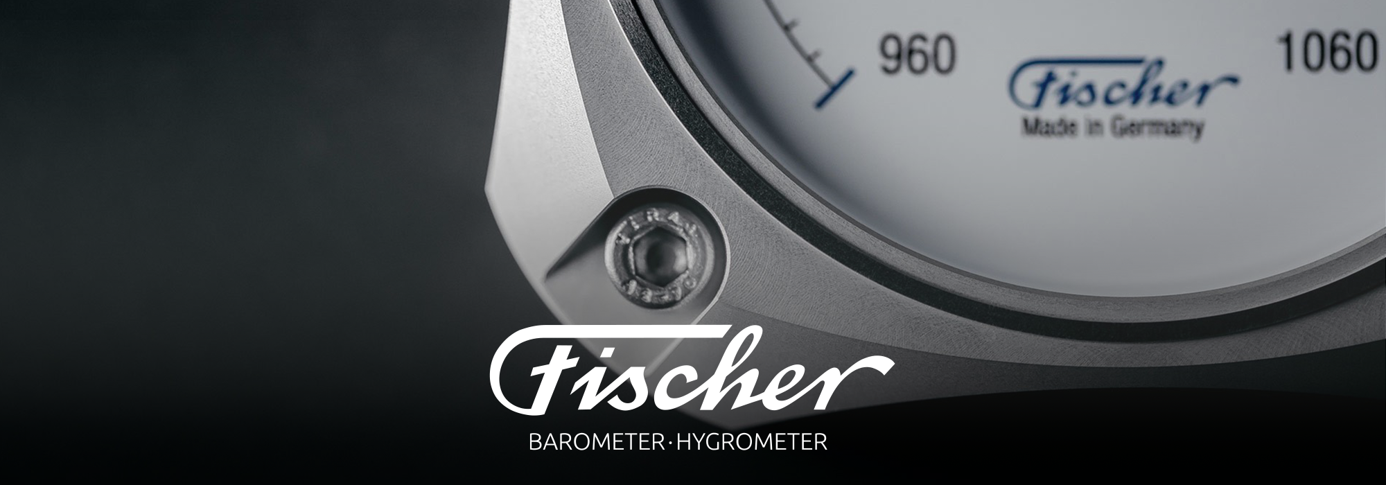 Fischer Barometer-Hygrometer aus Metall mit Skala von 960 bis 1060, hergestellt in Deutschland, mit Logo und Schriftzug