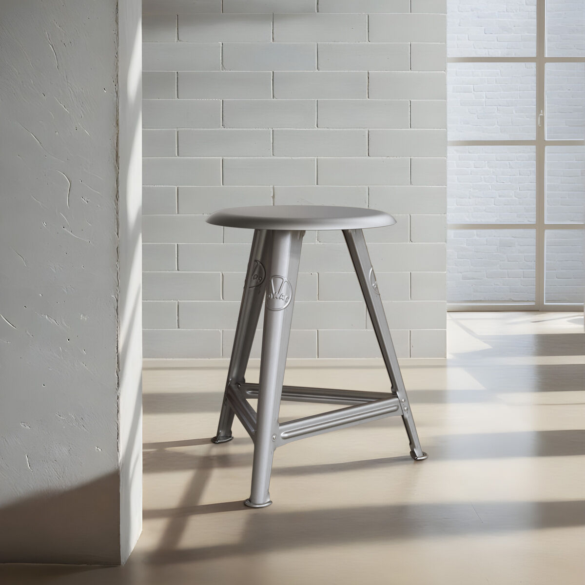 Ein metallischer Hocker aus der ZEIT-Sonderedition Rowac-Schemel 'Naked Steel' steht in einem lichtdurchfluteten, modern eingerichteten Raum vor einer weiß gestrichenen Backsteinwand. Das minimalistische und industrielle Design betont Stahl und klare Linien.
