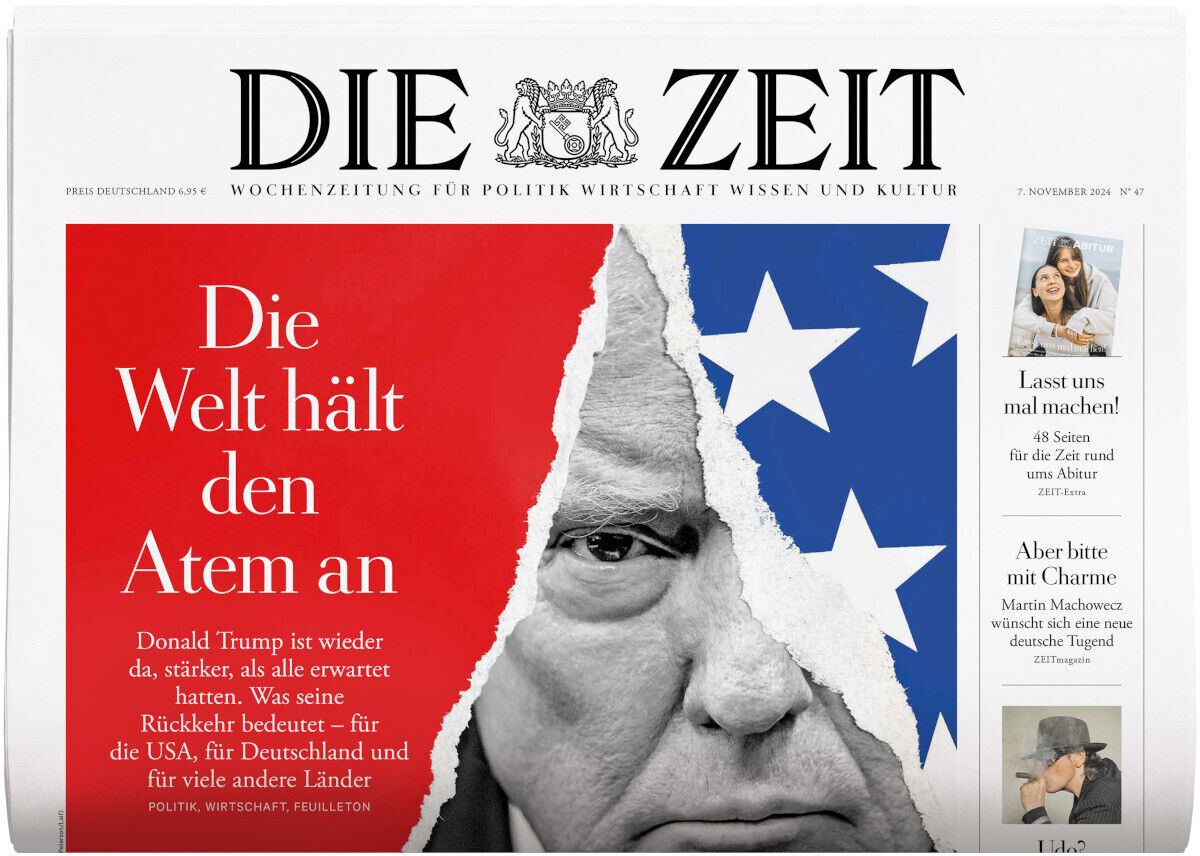 Titelblatt der Zeitung DIE ZEIT Ausgabe 47/2024 mit rot-weißem Design und einem Bildausschnitt einer Person in Schwarz-Weiß neben US-amerikanischen Flaggenmotiven.