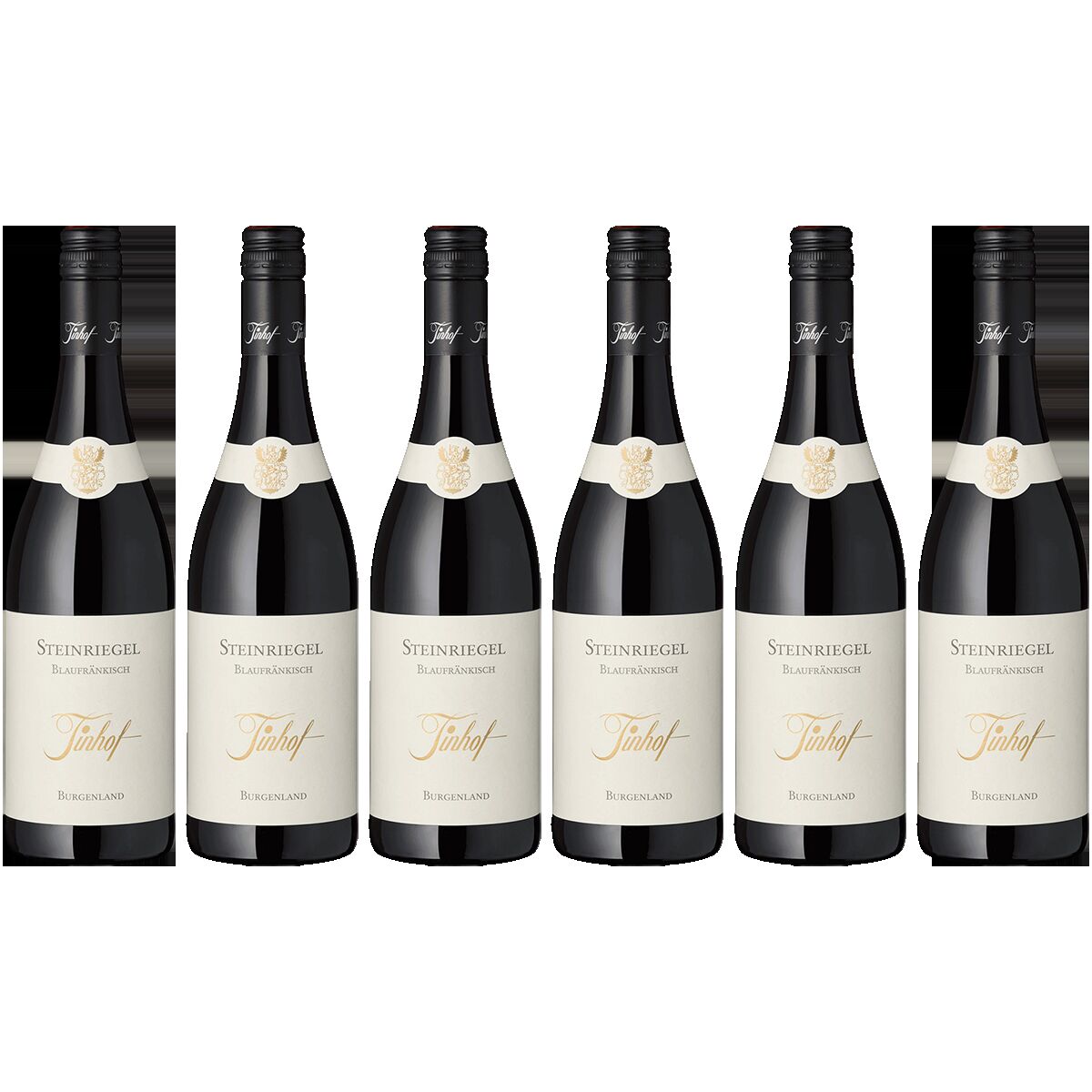 Sechs Flaschen Steinriegel Blaufränkisch Rotwein von Tinhof stehen nebeneinander, jeweils mit einem cremefarbenen Etikett und schwarzem Flaschenhals. Die Flaschen sind ordentlich in einer Reihe angeordnet und heben den hochwertigen Rotwein aus Österreich hervor.