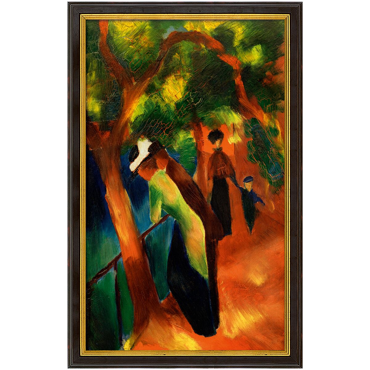 Das Gemälde "Sonniger Weg" von August Macke zeigt in expressionistischen Farben eine Szene mit mehreren elegant gekleideten Personen, die unter Bäumen auf einem sonnendurchfluteten Weg spazieren. Kräftige Orange-, Grün- und Blautöne dominieren das Bild. Der schwarze Rahmen betont die lebendige Szenerie.