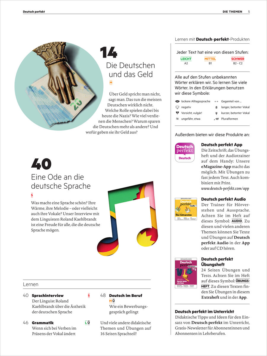 Magazinseite mit Themenvorschau: Oben links Grafik eines Geldscheins mit einer antiken Hand und Text über die Deutschen und Geld, unten große bunte Notenzeichen-Grafik zur Ode an die deutsche Sprache. Rechts Spalten mit Lernprodukten und Kursangeboten von Deutsch perfekt.