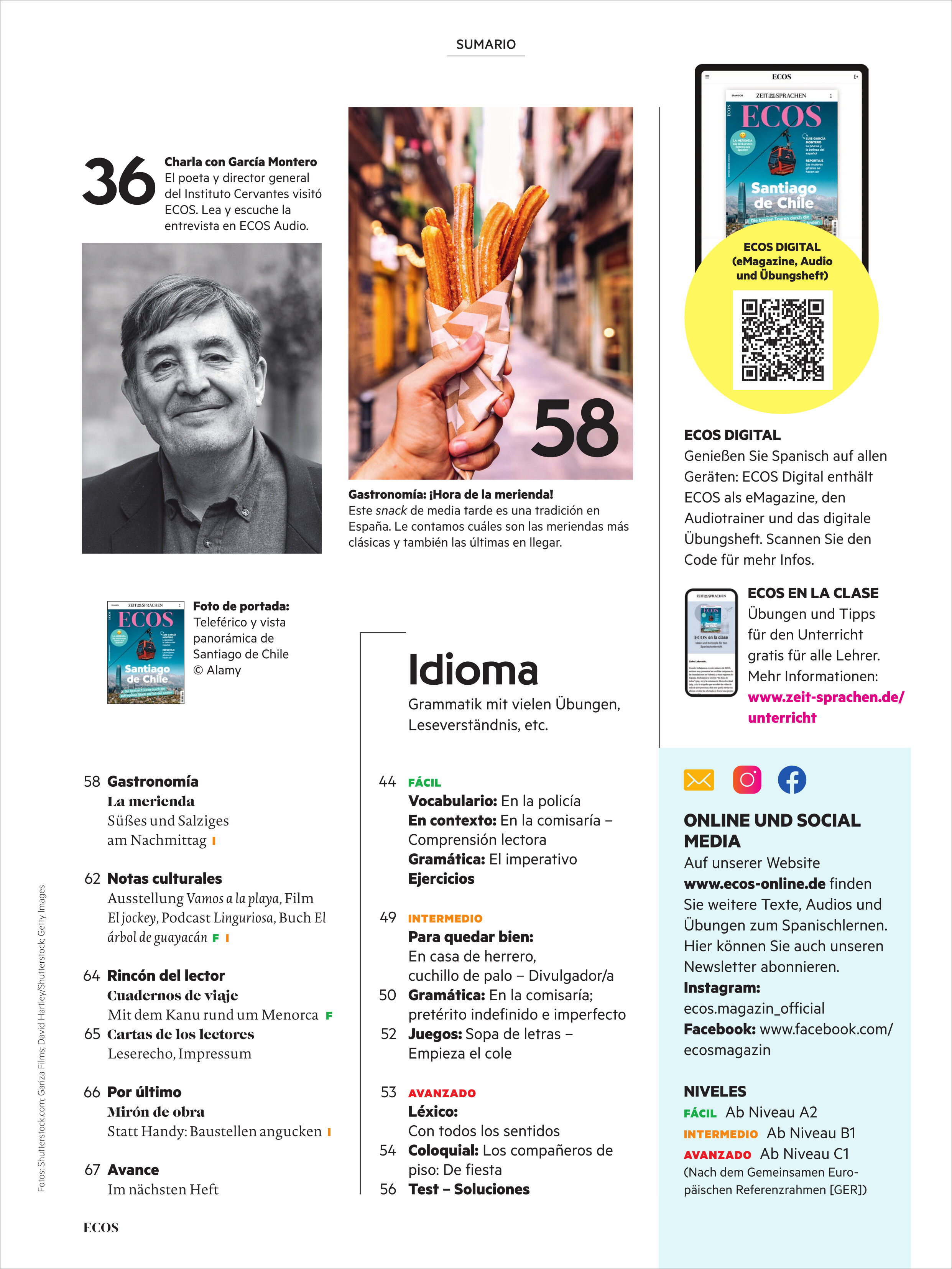 Titelseite eines Sprachmagazins mit Fokus auf Spanisch. Abgebildet sind ein Porträt von García Montero und eine Hand, die Churros hält. Die Seite enthält verschiedene Überschriften und eine Inhaltsübersicht zu Themen wie Gastronomie, Reisen und Grammatik sowie Hinweise auf digitale Extras.