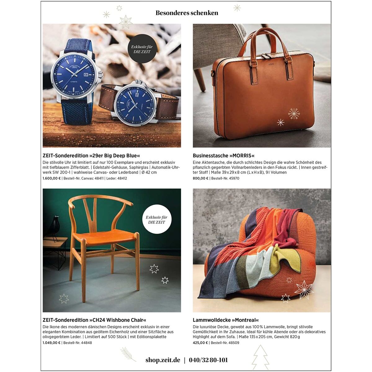 Katalogtitel: Weihnachten 1/2025 mit Geschenkideen für die Feiertage, abgebildet sind eine Ledertasche, zwei Uhren mit blauem Zifferblatt und Lederarmband, ein Holzstuhl und eine farbige Lammwolldecke auf einem orangefarbenen Sessel, dekoriert mit dezenten Weihnachtselementen.