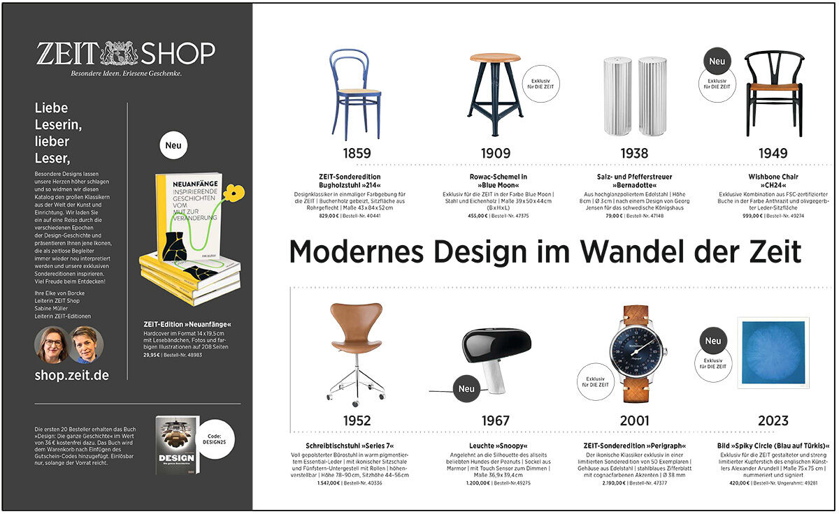 Ein Katalog mit der Aufschrift 'Designikonen 1/2025' zeigt stilvolle Möbelstücke und moderne Designprodukte. Enthalten sind Bilder von Stühlen, einem Sessel, einer Lampe, einer Uhr und einem Kunstwerk mit Jahreszahlen von 1859 bis 2023. Der Katalog richtet sich an Designliebhaber und bietet exklusive Produkte vom Zeit Shop.