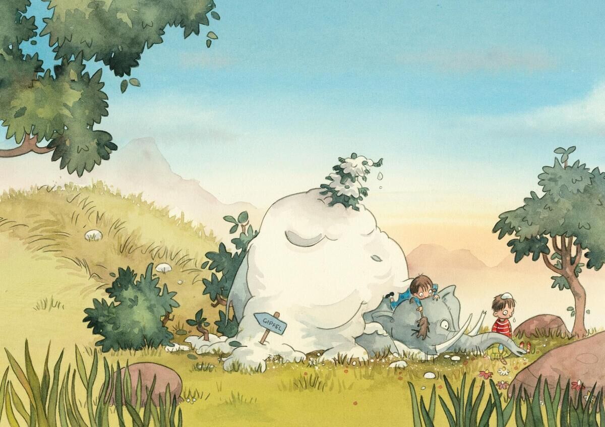 Ein Kinderbuch-Illustration zeigt ein Nashorn in einer grünen Landschaft mit Bäumen und zwei Kindern, die es beobachten. Der Himmel ist blau und es ist ein sonniger Tag.