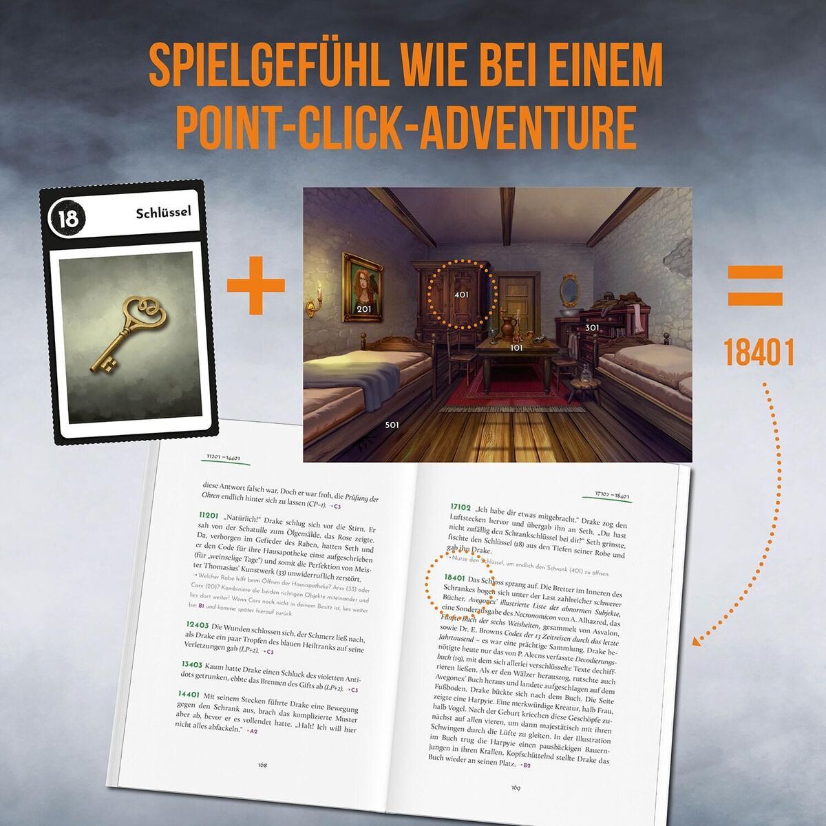 Spielanleitung und Spielkarten des Spiels 'Adventure Games - Die Akademie der Zeitenwächter' auf einem Tisch. Ein geöffnetes Buch zeigt Textpassagen und Kapitelnummern. Ein verschlossener Schlüssel in der linken oberen Ecke symbolisiert ein Rätsel. Im Hintergrund ein virtueller Raum aus dem Spiel mit verschiedenen markierten Objekten.