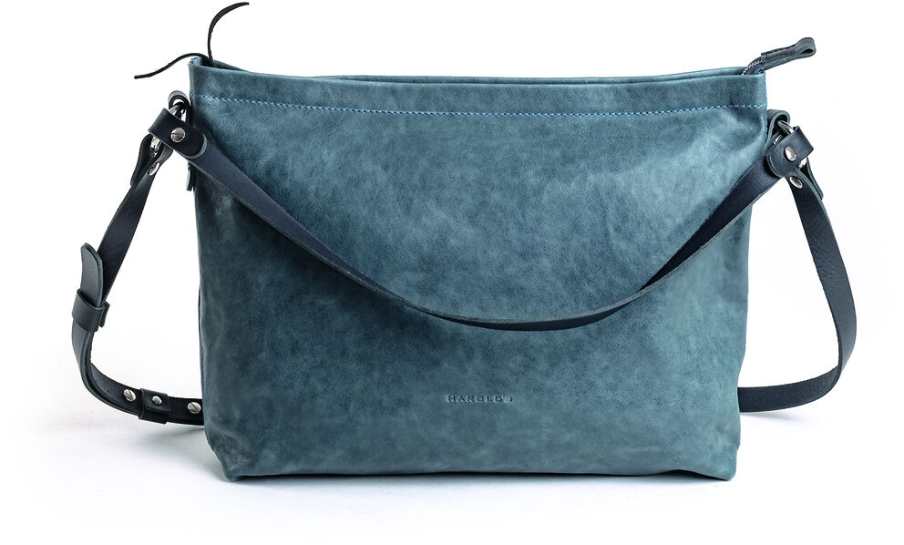 Blau und schwarz dekorierte Lederhandtasche »Nabuko« mit einem verstellbaren Schultergurt.