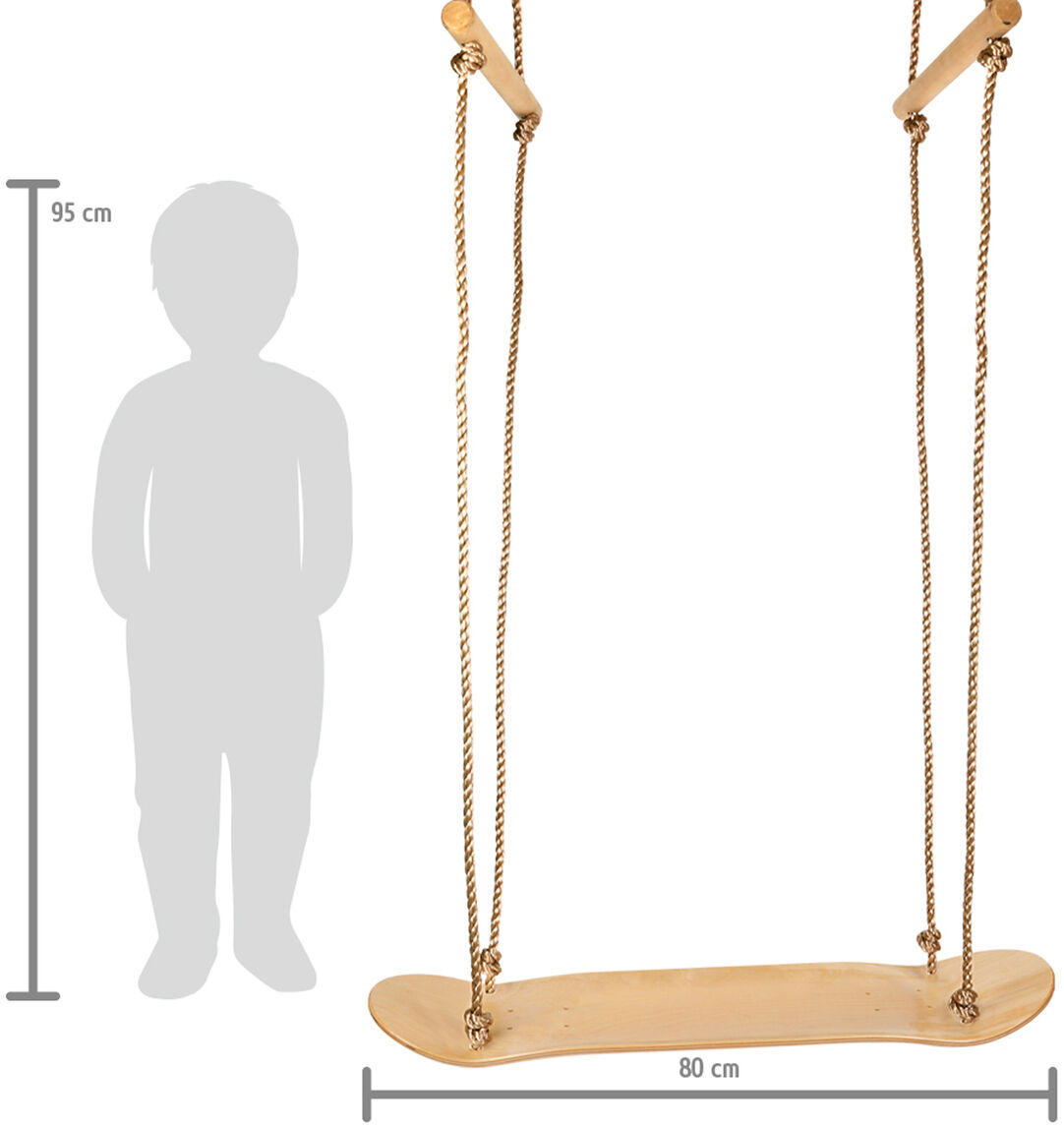 Eine Skateboard-Schaukel aus Holz mit zwei stabilen Seilen, die an einer Struktur befestigt werden können. Die Schaukel ist ca. 95 cm hoch und 80 cm breit. Im Hintergrund ist eine Silhouette eines Kindes zur Darstellung der Größenverhältnisse zu sehen.