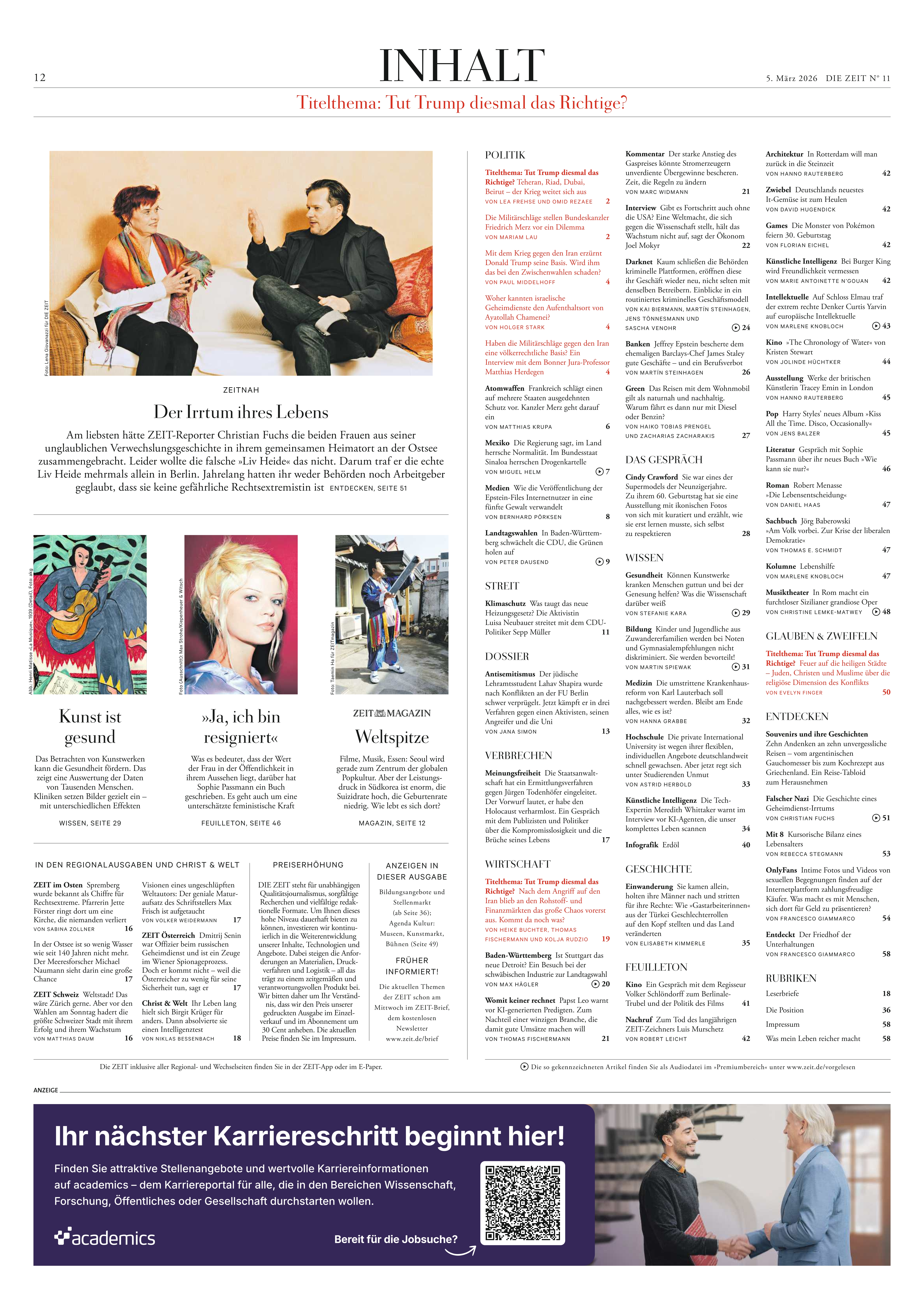 Seite aus der Zeitschrift DIE ZEIT 11/2026 mit dem Inhaltsverzeichnis, mehreren Artikelfotos, Textspalten und verschiedenen Abschnitten. Oben mittig steht die Überschrift 'INHALT' mit rotem Untertitel. Unten gibt es eine breite Anzeige zur Karriereschrift.