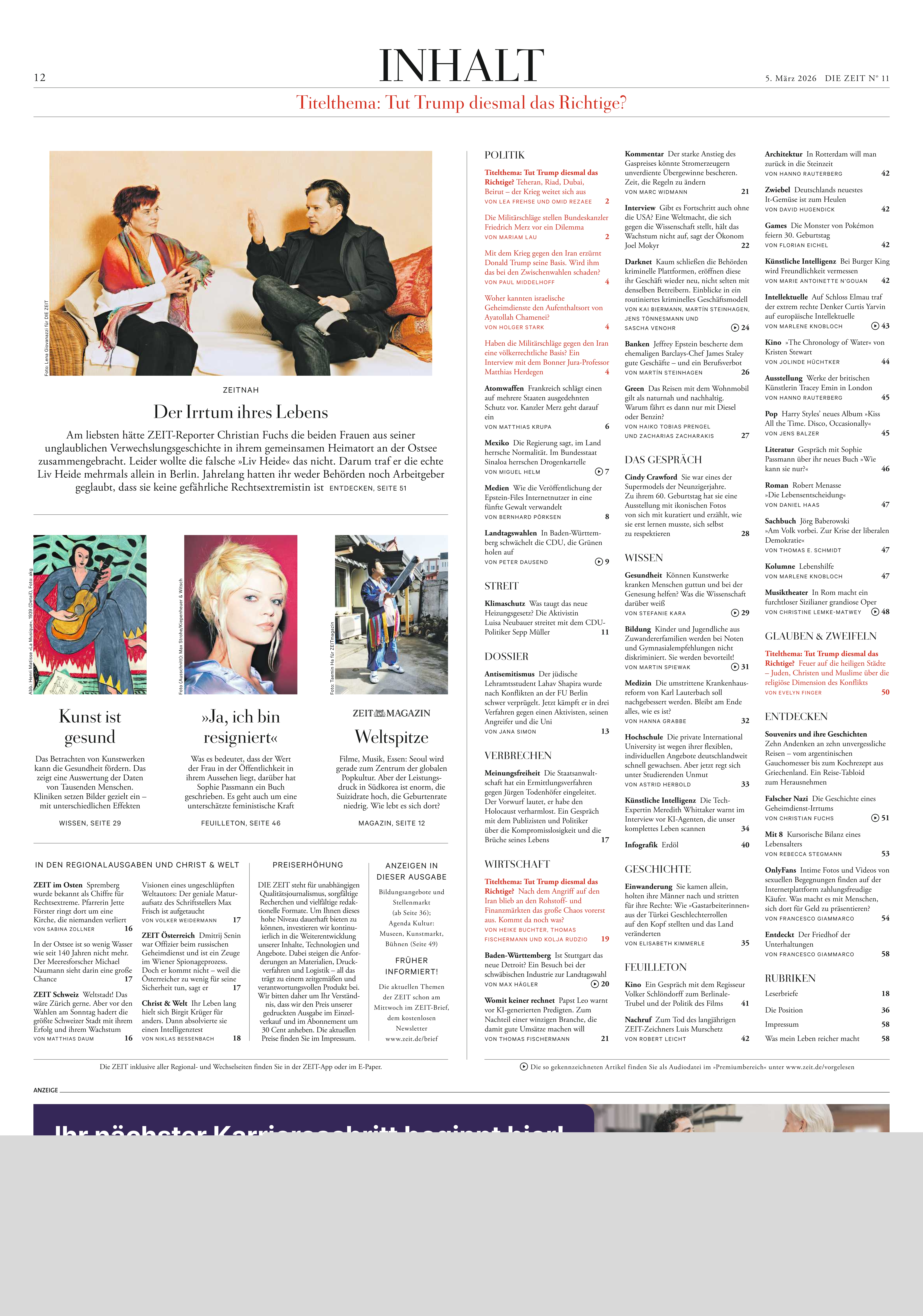 Seite aus der Zeitschrift DIE ZEIT 11/2026 mit dem Inhaltsverzeichnis, mehreren Artikelfotos, Textspalten und verschiedenen Abschnitten. Oben mittig steht die Überschrift 'INHALT' mit rotem Untertitel. Unten gibt es eine breite Anzeige zur Karriereschrift.