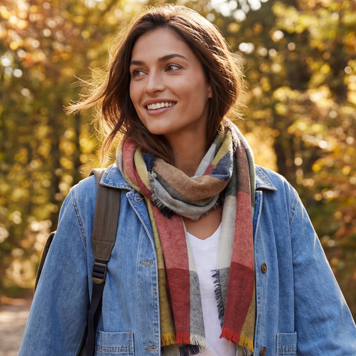 Frau mit braunhaarigen, offenen Haaren, trägt modischen, mehrfarbigen Merino-Kaschmir Schal "Valerie" von Eagle Products, kombiniert mit einer blauen Jeansjacke und weißem Shirt. Im herbstlichen Park mit warmem Sonnenlicht und buntem Laub, entspannt und lächelnd.