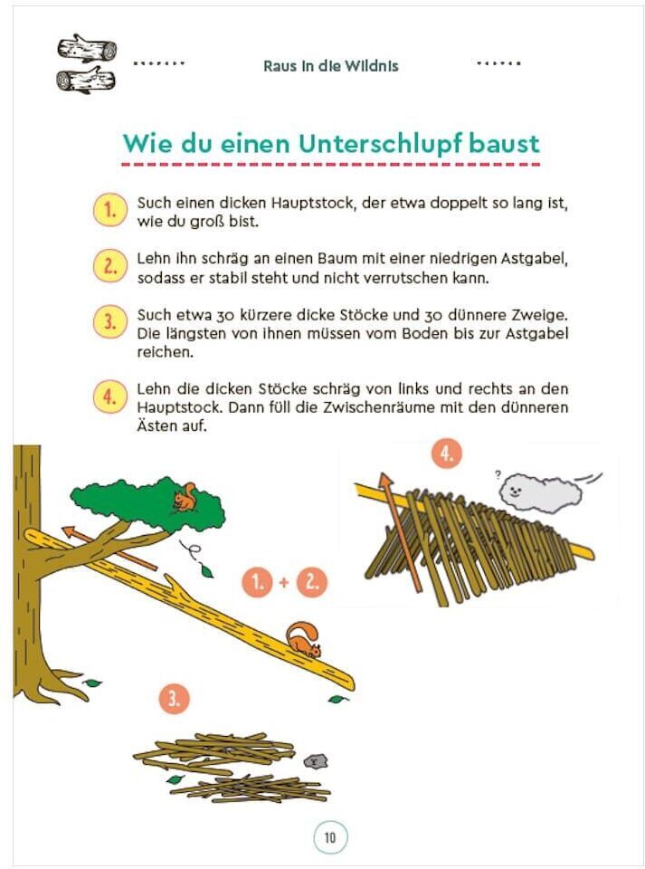 Eine Seite aus dem ZEIT LEO-Outdoor-Erlebnisbuch mit einer Anleitung zum Bau eines Unterschlupfes. Die Seite enthält farbige Illustrationen und nummerierte Schritte in Deutsch. Ein Kind und ein Tier sind zu sehen, die an einem Baum Unterschlupf bauen. Das Diagramm zeigt die Verwendung von Ästen und einem Baum.