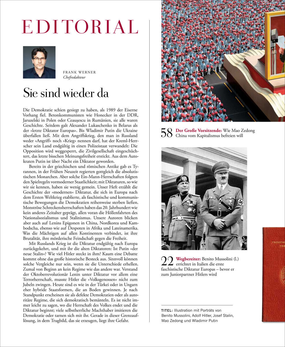 Das Cover der Zeitschrift 'ZEIT GESCHICHTE 4/22 Diktatoren' zeigt eine Editorial-Seite mit einem Foto von Frank Werner, einem redaktionellen Text, sowie Abbildungen von historischen Persönlichkeiten wie Mao Zedong und Benito Mussolini. Die Seite ist in Weiß, Rot und Schwarz gestaltet.