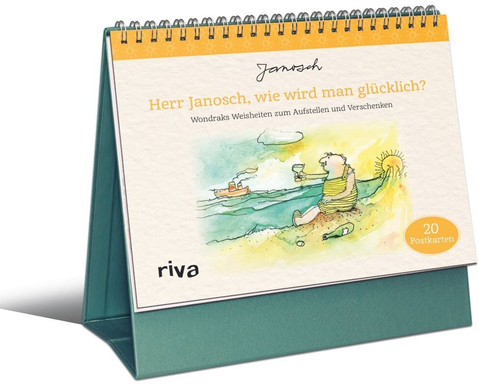 Postkartenaufsteller »Herr Janosch, wie wird man glücklich?«. Der Aufsteller beinhaltet 20 Postkarten mit Weisheiten zum Aufstellen und Verschicken. Das Design enthält Illustrationen und Texte auf einem Tischkalender in den Farben grün, gelb, weiß, orange und schwarz.