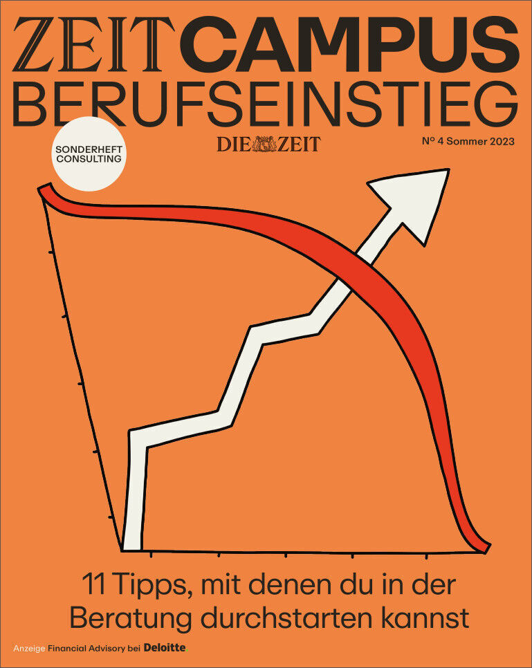 Cover des ZEIT Campus Magazins 4/23 mit der Überschrift 'Highperformer hier entlang!', einem Diagramm und dem Text '11 Tipps, mit denen du in der Beratung durchstarten kannst'.