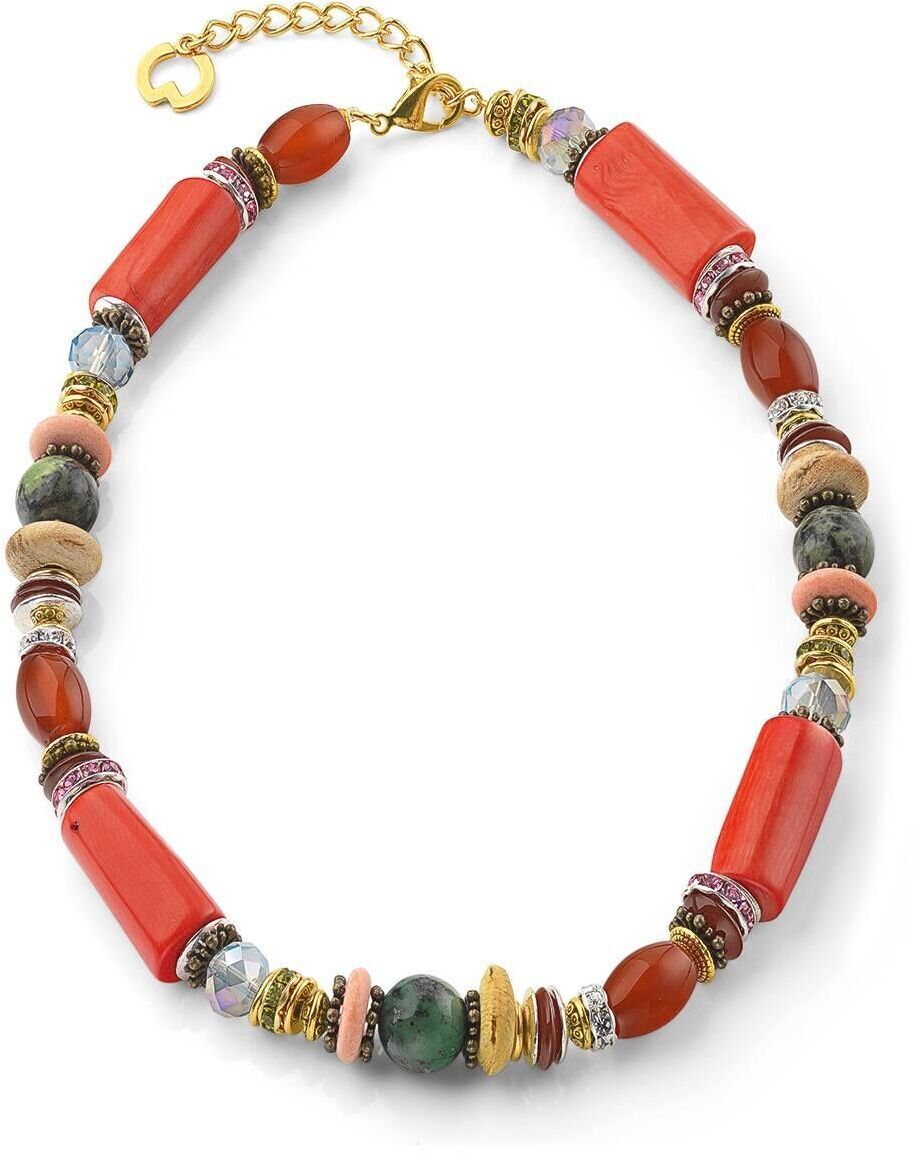 Halskette »Amelia«, ein farbenfrohes Collier mit rot, pink, gold und grünfarbenen Elementen aus Perlen und Edelsteinen. Perfekt als modisches Accessoire oder Geschenk für Frauen.