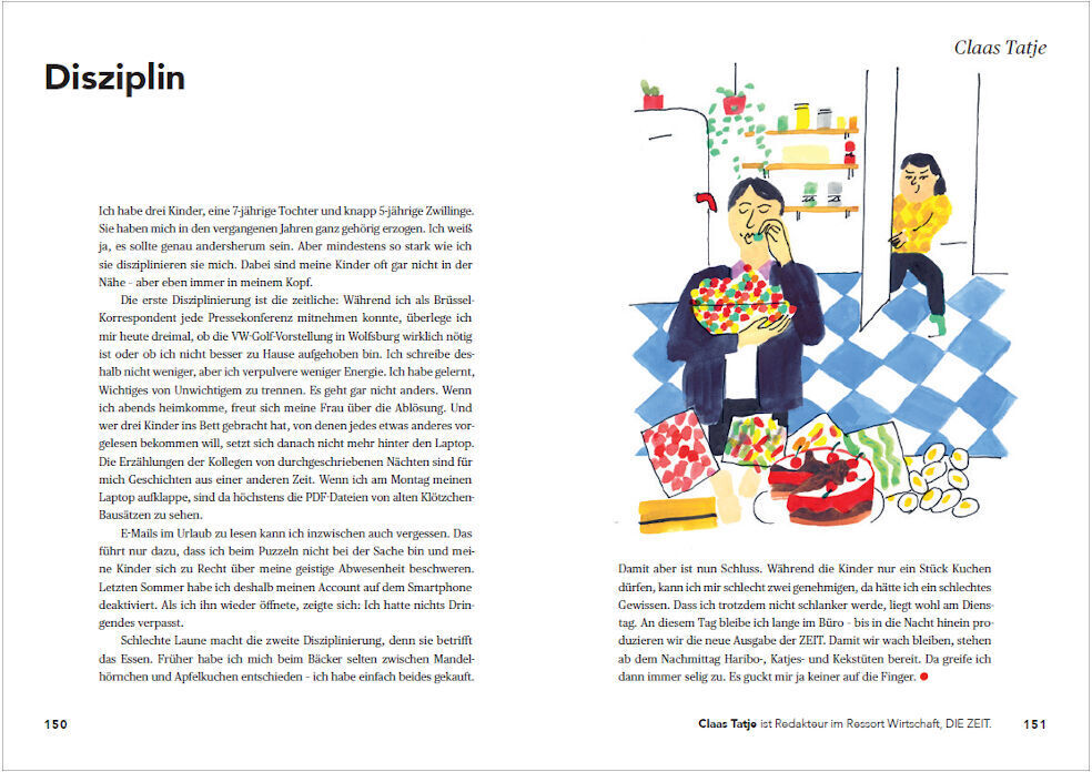 Eine Doppelseite aus dem Buch 'Vom Kind gelernt' von Claas Tatje. Links eine Textseite mit der Überschrift 'Disziplin'. Rechts eine farbenfrohe Illustration von zwei Kindern in einem Wohnraum, eines hält einen Korb, das andere im Hintergrund trägt eine Tasche.