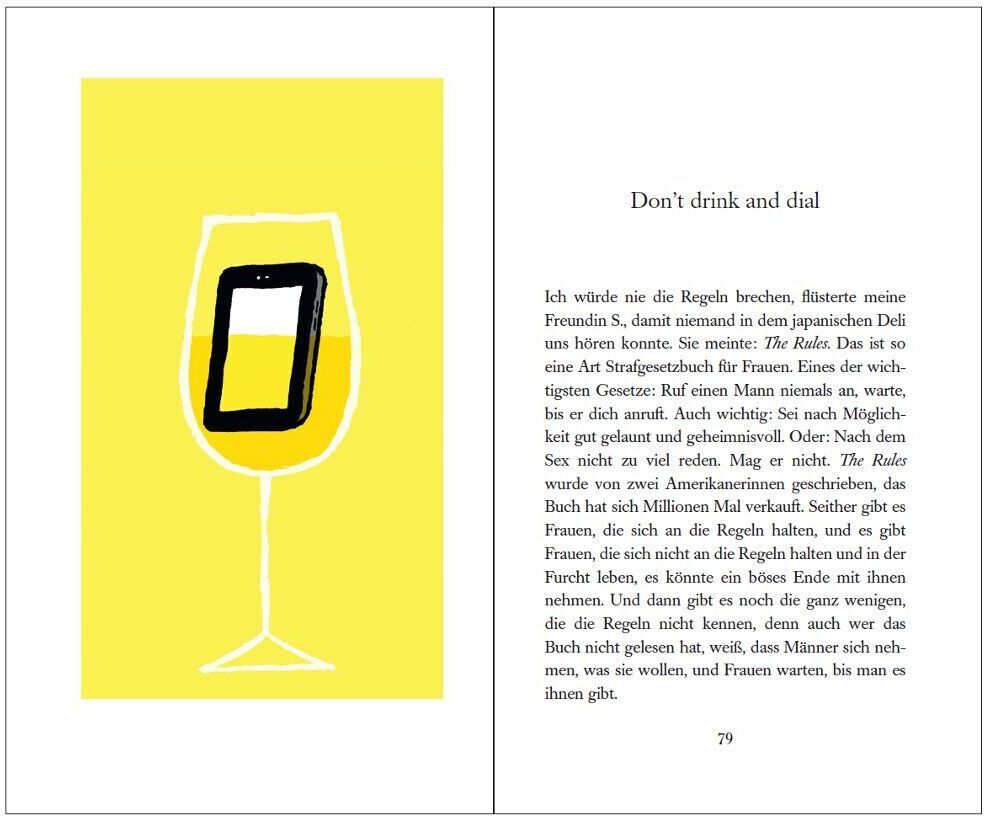 Seite aus einem Buch, mit einer Illustration eines Handys in einem Weinglas auf gelbem Hintergrund. Daneben ein englischer Text mit dem Titel 'Don't drink and dial'.