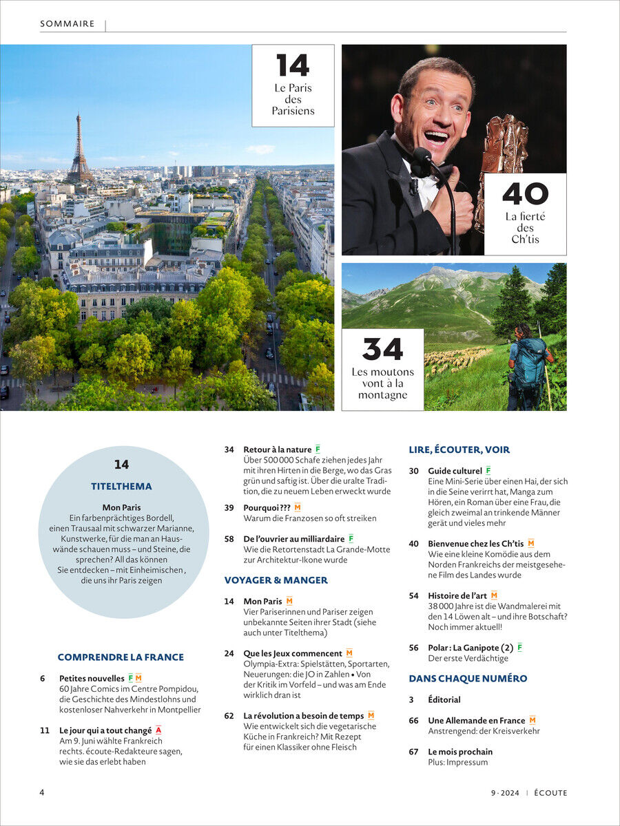 Die Titelseite des Écoute Magazins 09/2024 zeigt Bilder von Paris, einem Prominenten und einer Berglandschaft. Textabschnitte weisen auf verschiedene Themen wie Reisen, Essen und Kultur hin.