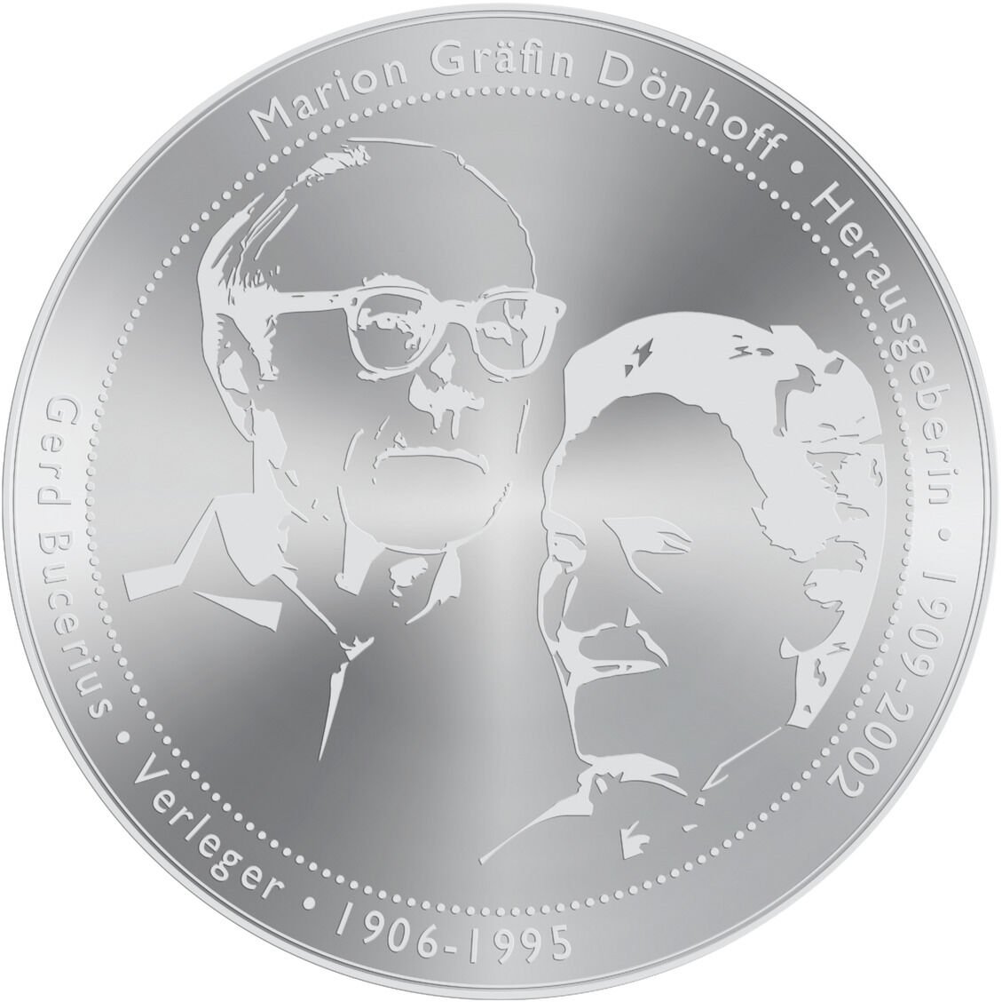 Die ZEIT-Medaille aus 999er Silber zeigt die Reliefporträts von Gerd Bucerius und Marion Gräfin Dönhoff. Die Prägung aus hochwertigem Silber enthält dekorative Details und Texte, die die Namen und Lebensdaten der abgebildeten Personen hervorheben.