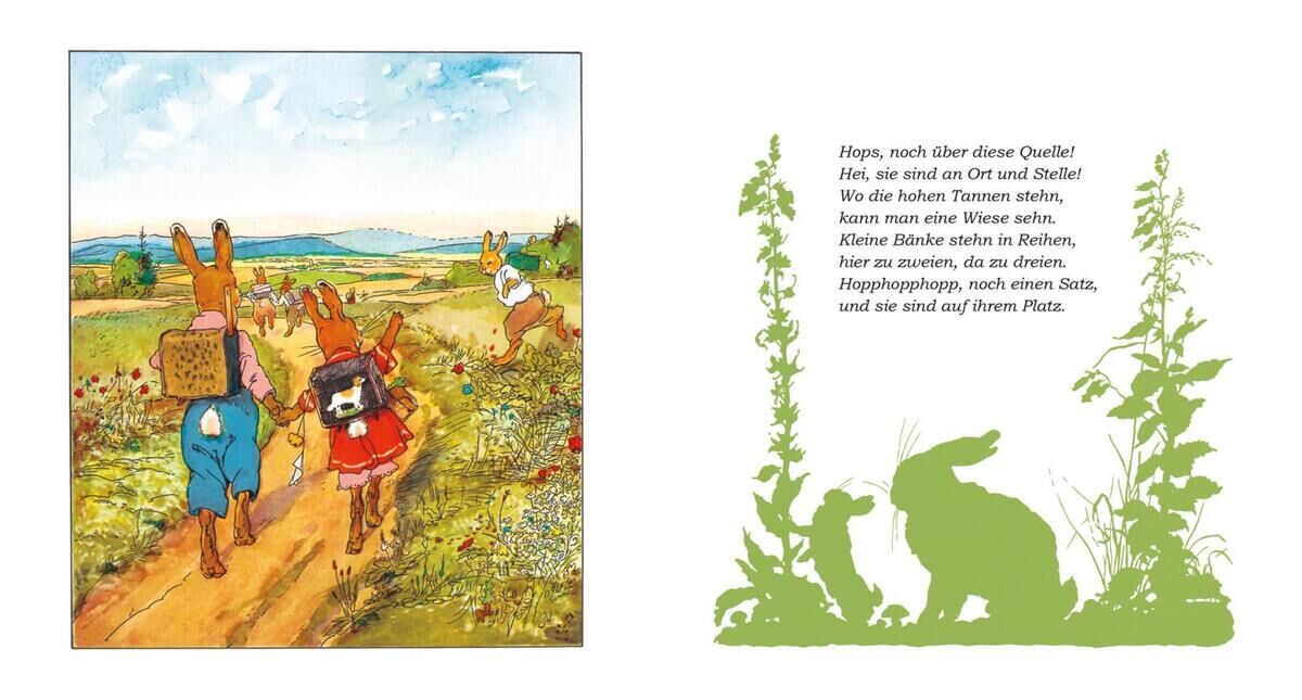 Die rechte Seite des Bildes zeigt eine Illustration von mehreren Hasen, die einen Weg entlang gehen, umgeben von einer grünen Landschaft mit Bäumen und Blumen. Einige Hasenkinder tragen Schulranzen. Auf der linken Seite befindet sich ein grünes Bild mit Text, das die Hasen in der Natur darstellt.