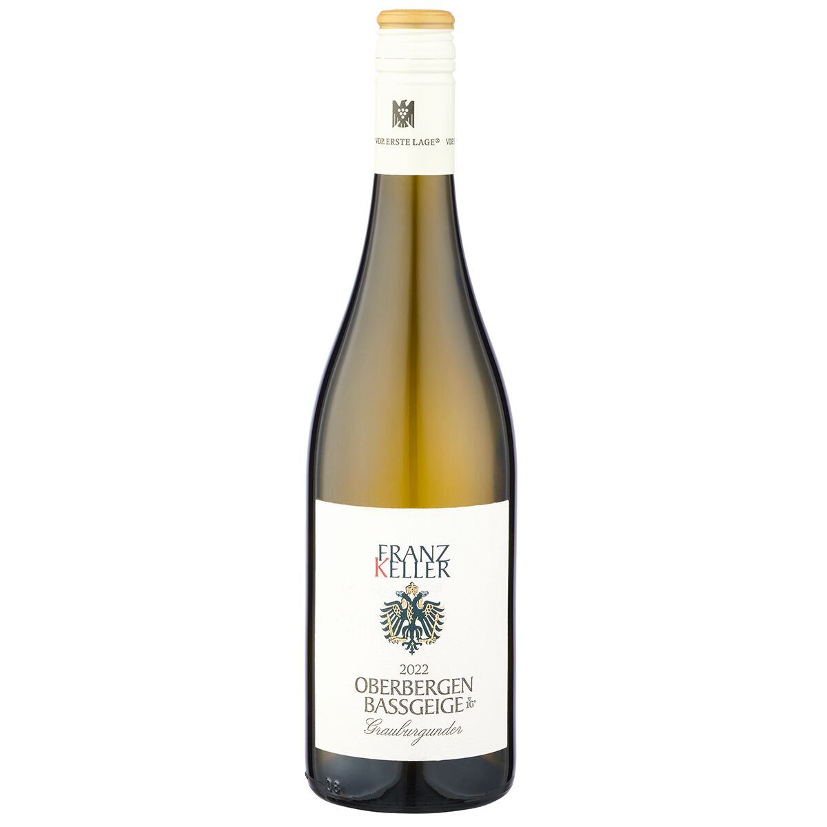 Eine stehende Weißweinflasche der ZEIT-Weinedition aus Baden, Jahrgang 2022 von Franz Keller mit weißem Etikett, farbigem Aufdruck und goldfarbenem Verschluss, vor neutralem Hintergrund.